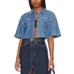 Re/Done Oversized Light Blue Cropped Denim Shirt Size XS